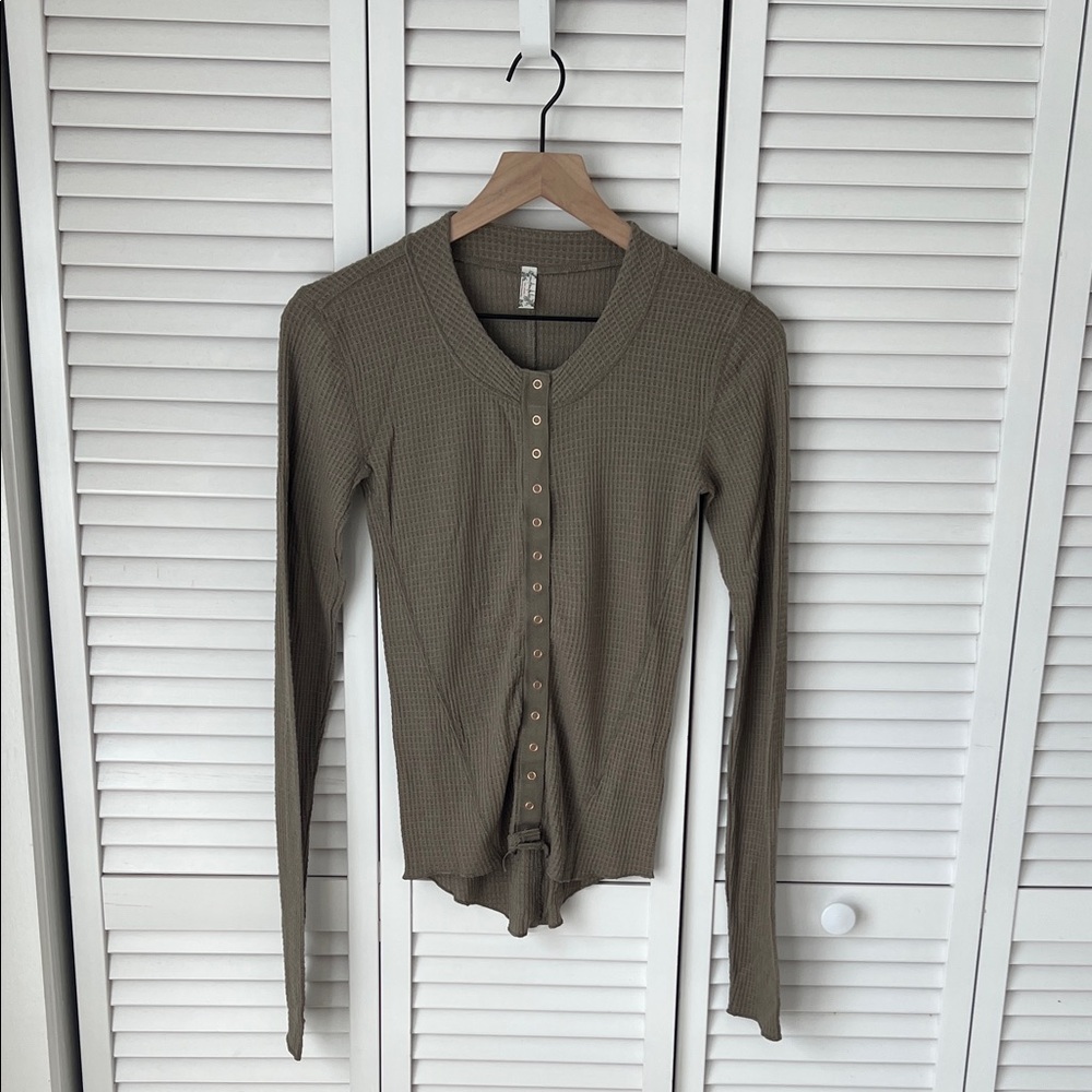 Free People Khaki Button-Down Ribbed Shirt Sz S